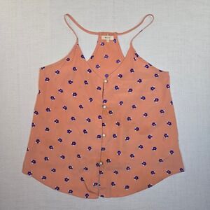Everly Medium Tank Top Peach Floral Women Button Front Racerback Spaghetti Strap